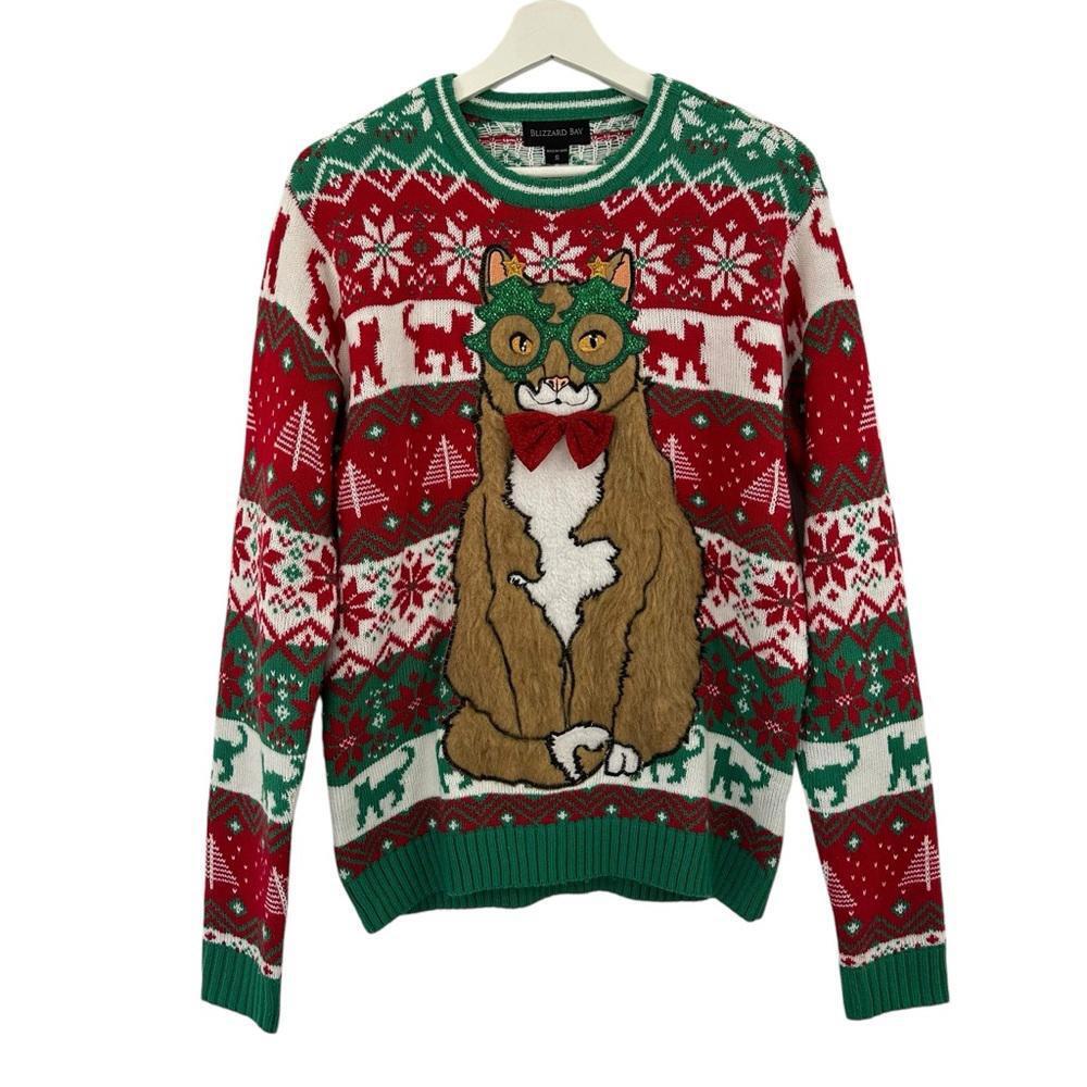 Blizzard Bay Men’s Ugly Christmas Sweater Quirky Cat Nerdy Size S